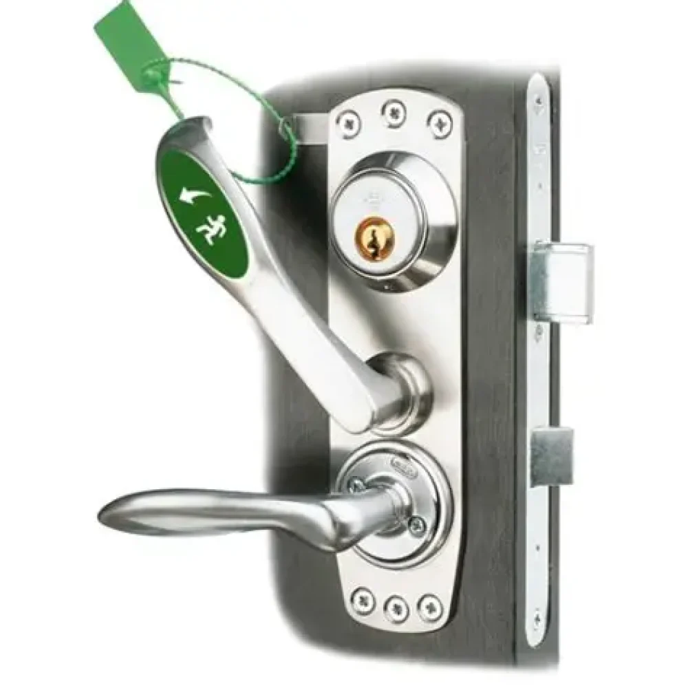 Utrymningslås med nödöppningshandtag och cylinder i metall.